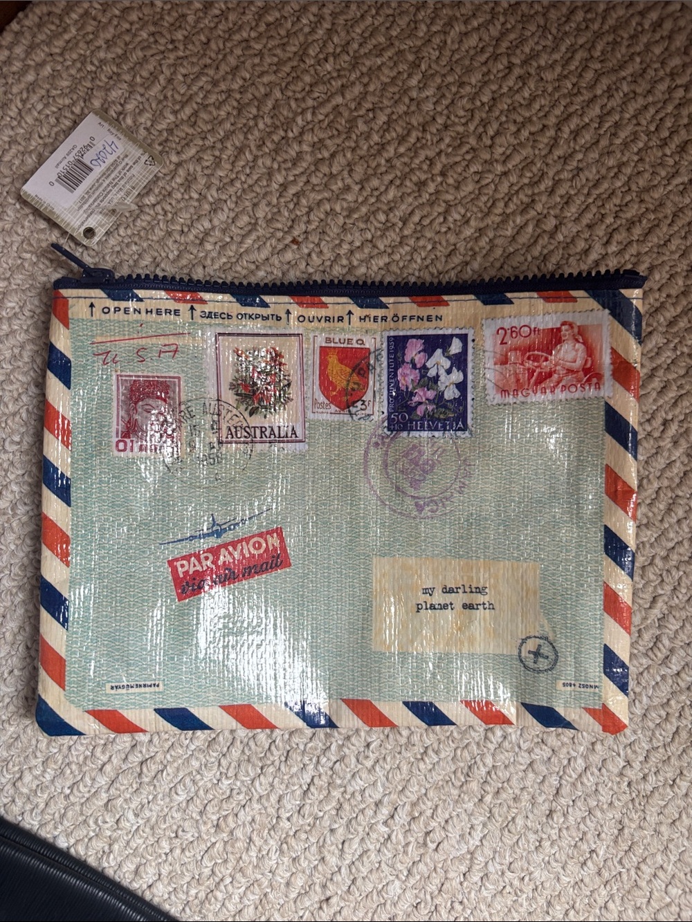 Travel-Stamp Zip Pouch - Blue and Cream